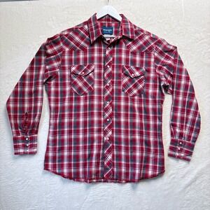 Wrangler Shirt Men Large Red Pearl‎ Snap Plaid Vtg Western Long Sleeve Cowboy